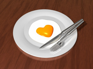 3d date dinner with one yellow heart egg and knife and fork. Valentine 3D Illustration Design Series.