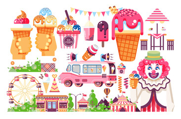 Vector isolated illustration business selling ice cream sale of food with machine, meal on wheels clown amusement park sweet vanilla chocolate fruit filling cafe road flat style white background