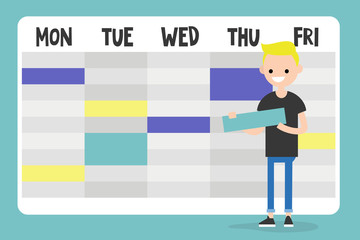 Personal assistant. Young character planning a schedule / flat editable vector illustration, clip art