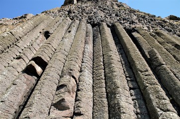 Close up of the interlocking basalt columns at the Giant's Causeway in County Antrim in Northern...