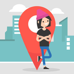 Location pin. Navigating in the city. Young female character leaning on the red location pin sign / flat editable vector illustration, clip art