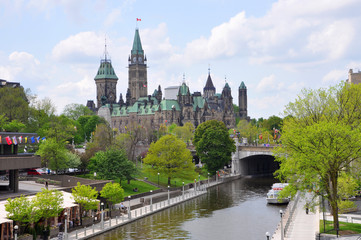 Canada Parliament Buildings and Rideau Canal, Ottawa, Ontario, Canada. Rideau Canal was registered as a UNESCO World Heritage Site.