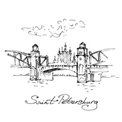 Hand drawn Peter the Great Bridge on the Neva River and cathedral in St.Petersburg, Russia. Sketch, vector illustration.