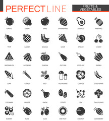 Black classic fruits and vegetables web icons set.