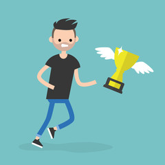 Challenge conceptual illustration. Young character trying to catch a trophy / flat editable vector illustration, clip art