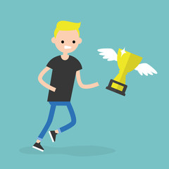 Challenge conceptual illustration. Young character trying to catch a trophy / flat editable vector illustration, clip art