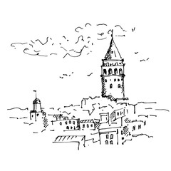 Galata Tower. Hand drawn Istanbul, famous turkish landmark. Sketch, vector illustration. 