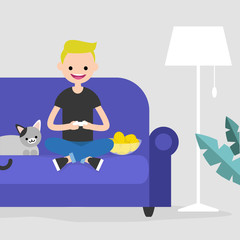 Young excited character playing video games / flat editable vector illustration, clip art