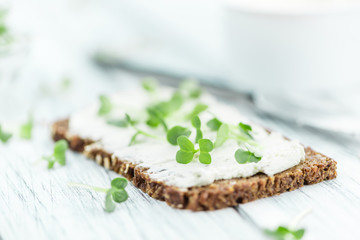 Fresh Cress with creamy Cheese on a slice of bread (selective focus)