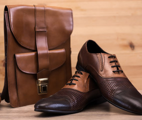 Man's style. Male shoes and bag