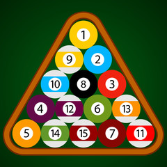 Billiard - Pool - Snooker Balls in a Triangle Wooden Rack Set