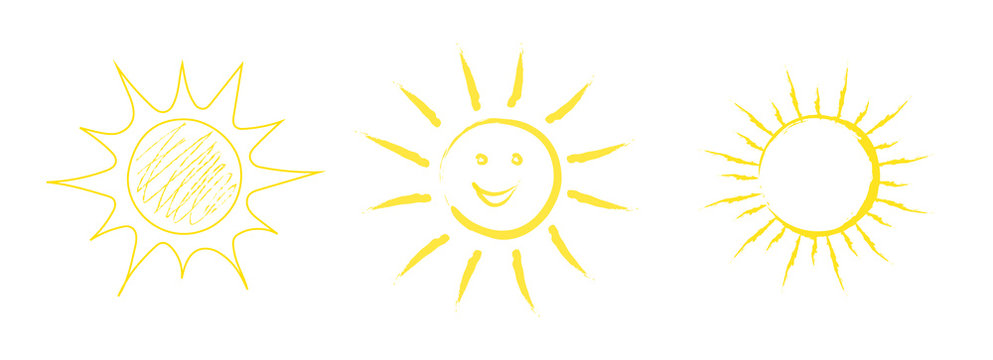 Collection of hand drawn sun icons. Vector.