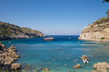 Anthony Quinn Bay, Rhodes in Faliraki. Beautiful beach on the island of Rhodes. One of the most beautiful bays in the city of Faliraki, Greece.