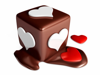 3d chocolate cube hexahedron dice melting on white background. Valentine 3D Illustration Design Series.