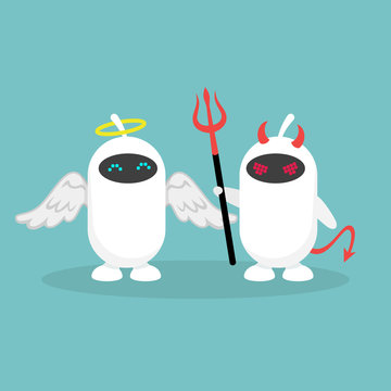 Advantages and disadvantages of modern technologies. A pair of white robots dressed like an angel and a devil / flat editable vector illustration, clip art
