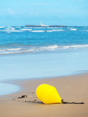 Fototapeta na wymiar Boje in gelb am Strand von Cadiz am Atlantik