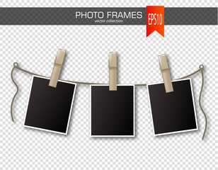 Set of photo frames with clothespin on a transparent background. Vector illustration.