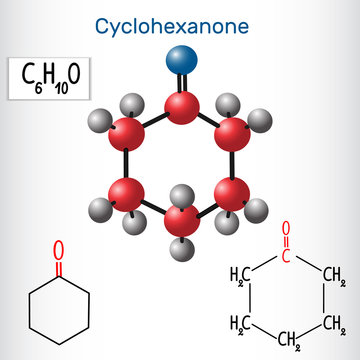 Cyclohexanone molecule - structural chemical formula and model