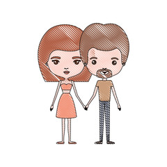 crayon colored silhouette of slim couple standing caricature and him with short light brown hair and van dyke beard and her with skirt and mushroom hairstyle