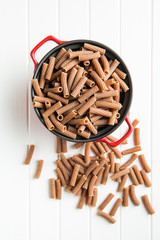 Dried rigatoni pasta.
