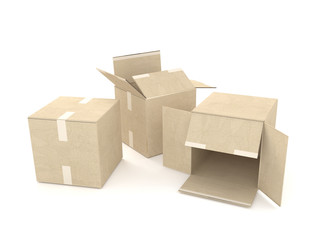 3d illustration of empty paper boxes isolated on white background.