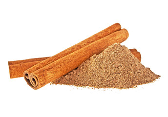 Cinnamon - two sticks and powder on a white background