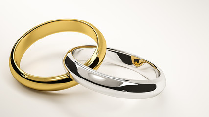 3d render of gold and silver interlaced wedding rings