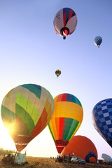 Fototapeta premium Balloons start fly on fields, hills in summer
