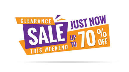 Vol. 3.2 Clearance Sale orange purple 70 percent heading design for banner or poster. Sale and Discounts Concept. Vector illustration.