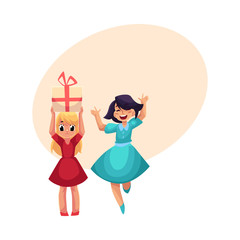 Two girls at birthday party, one dancing, jumping excitedly, another holding big gift, cartoon vector illustration with space for text. Happy girls having fun at birthday party