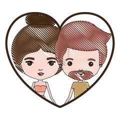 heart shape portrait with color crayon silhouette caricature couple of him with short light brown hair and beard and her with dress and bun hairstyle