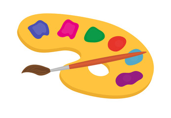 Palette of paints and brush for drawing  icon, flat, cartoon style. Isolated on white background. Vector illustration