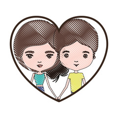 heart shape portrait with color crayon silhouette caricature couple and both with brown hair and her with collected hair