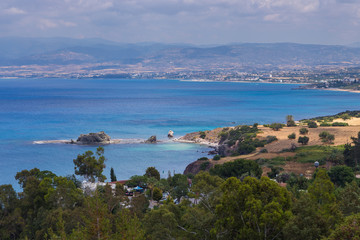 Fototapeta na wymiar Sea view from the peninsula of Akamos. The town Latsi in the background. Cyprus