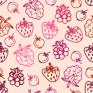 Cute hand drawn berry seamless pattern. Sketch of strawberry, raspberries, fox berry, blackberry on pastel pink background. Vector illustration.