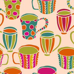 Cute tea cup seamless pattern. Doodle tea time background. Vector illustration.