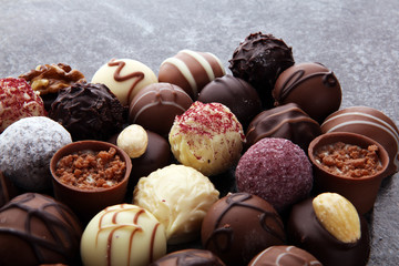 a lot of variety chocolate pralines, belgian confectionery gourmet chocolate