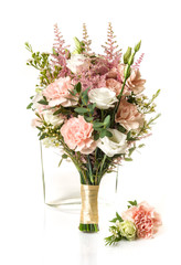 Bridal bouquet with pink carnation and white roses