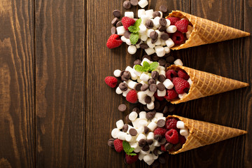 Obraz na płótnie Canvas Ingrediens for smore's dessert in a waffle cone
