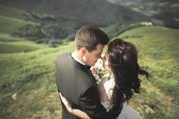 Beautiful wedding couple, bride and groom, in love on the background of mountains