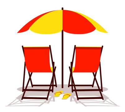 beach umbrella and deck chairs