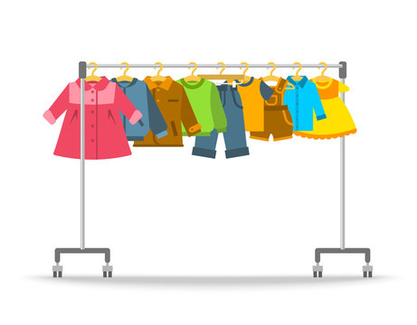 Kids clothes on hanger rack. Flat style vector illustration. Casual little kids apparel hanging on shop rolling display stand. Boys and girls outfit fashion collection. Children store sale concept
