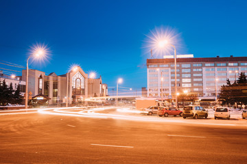 Gomel, Belarus. Railway Station Building And Hotel At Morning Or