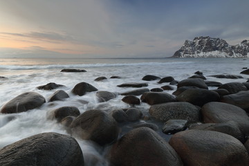 Utakleiv beach-NEwards view to mounts lining Steinsfjorden N.shore. Vestvagoya-Nordland fylke-Norway. 0197