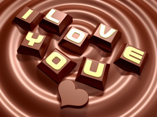 3d lettering hard mini chocolate and heart on meltting chocolate. Valentine 3D Illustration Design Series.