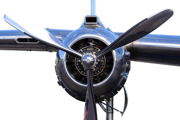 Close up of B-25 bomber aircraft piston radial angine with wing 