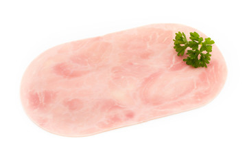 Thin slices of ham on white background.