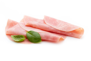 Thin slices of ham on white background.