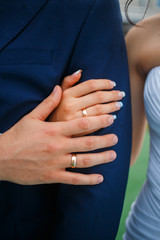 Hands of the lovers of the bride and groom. Wedding rings