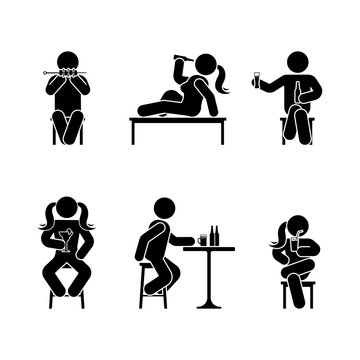 Man People Various Sitting, Eating And Drinking Position. Posture Stick Figure. Vector Seated Person Icon Symbol Sign Pictogram On White